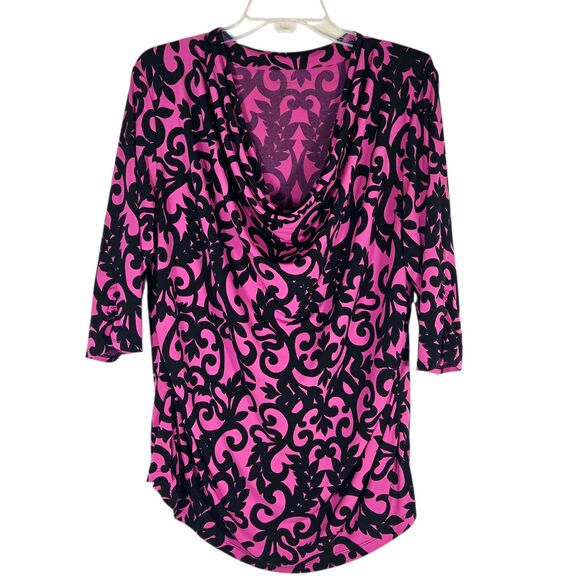 Worthington Plus Size Hot Pink & Black Damask Pattern 3/4 Length Sleeve Blouse - Picture 1 of 10